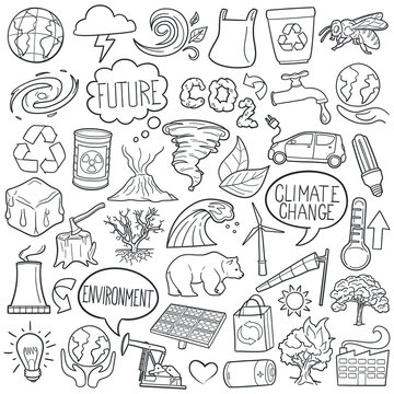 Climate Change Doodle Icons. Hand Made Line Art. Ecology Clipart Logotype Symbol Design.