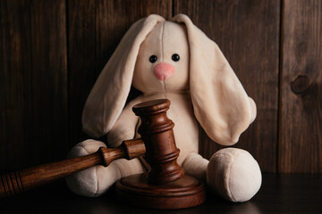 Wooden judge gavel and plush bunny. Law and children concept