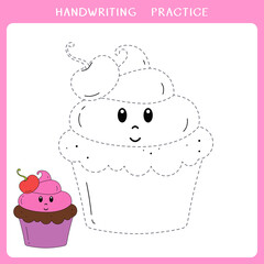 Handwriting practice sheet. Simple educational game for kids. Vector illustration of cute cupcake for coloring book