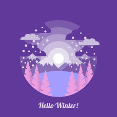 Winter landscape in flat style and inscription Hello winter . illustration for greeting cards, posters and much more