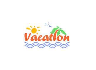 Vacation banner concept. Sea, waves, palm tree, sun, birds. Vector illustration. - 502091286