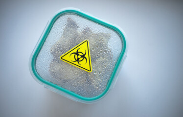 A plastic container with food marked with a yellow radiation sign.Contaminated food. The danger of...