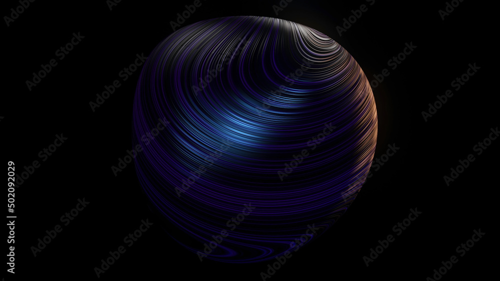 Aufkleber abstract 3d ball covered with many narrow curved lines rotating isolated on black background, seamle