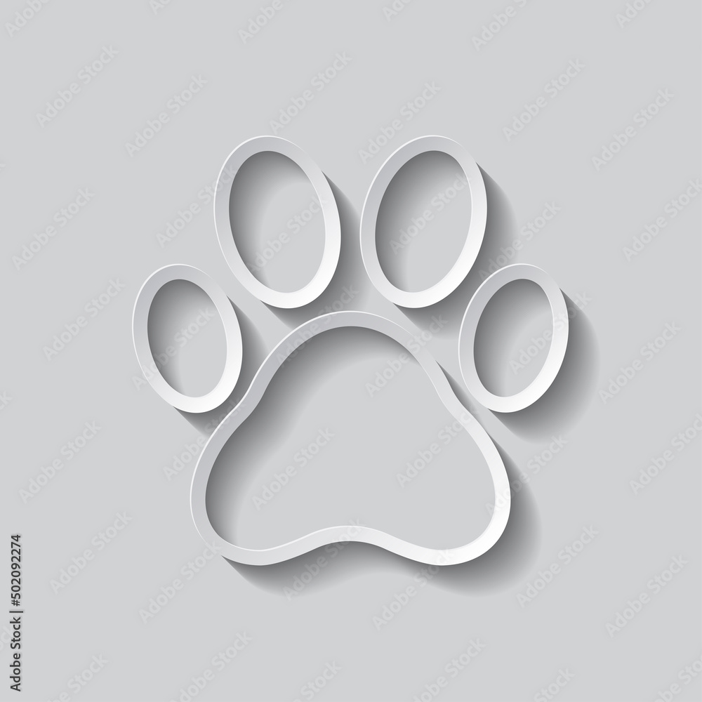 Poster paw simple icon. flat design. paper style with shadow. gray background.ai