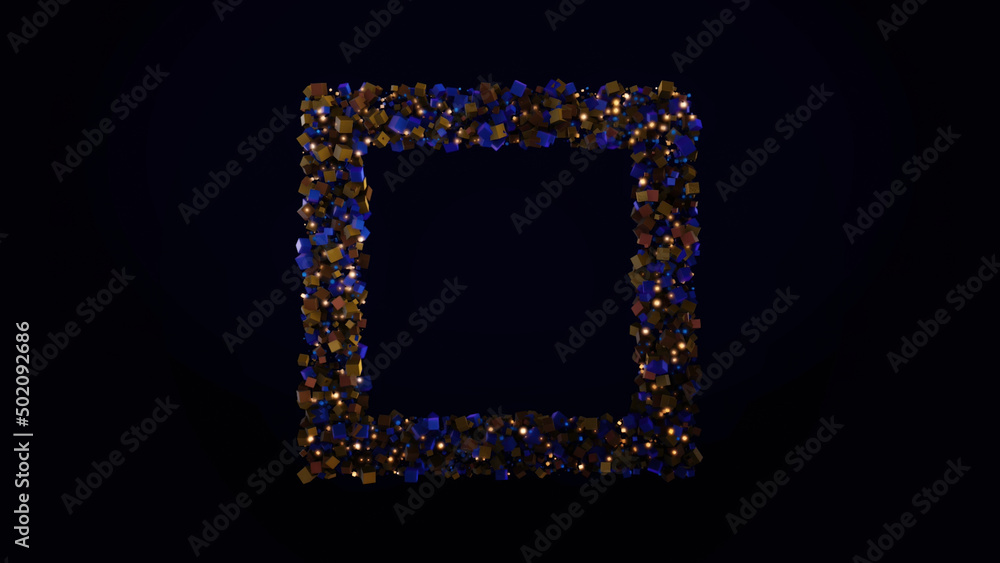 Poster abstract tiny cubes flying and creating a rectangle frame on black background. animation. small geom