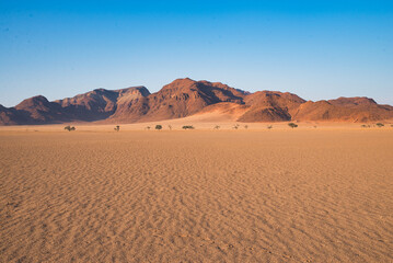 Fototapeta na wymiar Namibia desert landscape with small mountains in the background behind a wast open sand covered field