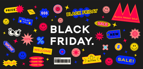 Collection of various patches, labels, tags, stickers, stamps for shopping. Black Friday, discounts, new collection. Vector set, trendy promo labels - obrazy, fototapety, plakaty