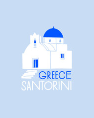 Traditional white church with a blue roof. Greek architecture of Santorini Island. Design element for souvenir products. Vector illustration isolated.