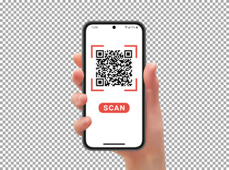 Hand with phone, scanning qr code, transparent background, vector illustration - 502093029