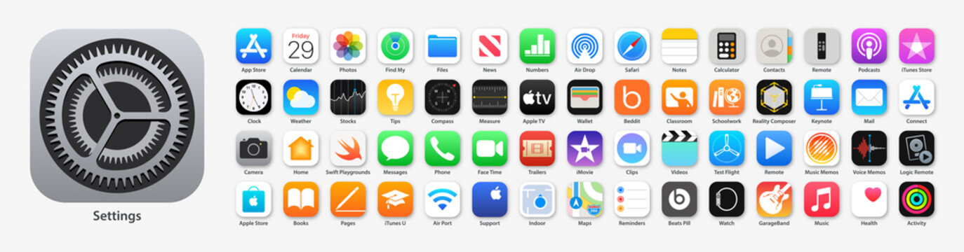 Apple app icon, Ios, iPhone, iMac, iPad, MacBook, vector editorial illustration