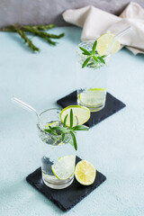 Obraz na płótnie Canvas Refreshing drink mineral water with lime and rosemary in glasses with eco straw. Vertical view
