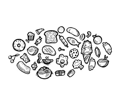 Set of food in form of ellipse. Baking buns and meat dishes. Hand drawing outline. Isolated on white background. Monochrome drawing. Vector