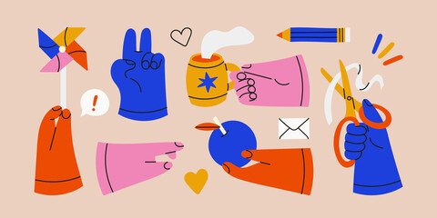 Set of contrasting hands with different objects and positions. The limbs of the body are gesturing. Cup with hot drink, apple, scissors with ribbon, windmill in hand. Isolated flat style stickers. 