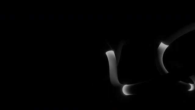 Abstract white flying luminous lights of same size along the trajectory of bended snake like black tube. Design. Monochrome curved stripe with moving lights.