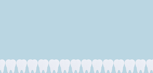 Banner with teeth border on blue background. Oral hygiene, dental care and stomatology concept. Space for text. High quality photo