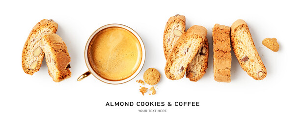 Coffee cup and almond cookies cantuccini creative layout.