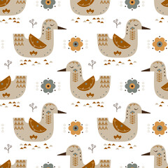Scandinavian Duck with Floral Ornament Seamless Pattern. Earth Tone Background with Birds and Flowers. Nordic Traditional Cute ornament. Scandi style. Folk Art Design Vector illustration.