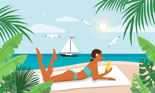 Woman in swimsuit sunbathing lying on the sea or ocean beach. Beautiful girl drinking cocktail relaxing. Summer holiday or luxury vacation. Flat vector illustration