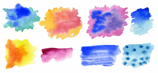 Abstract isolated colorful watercolor stain set. Grunge element for paper design. Collectiion of bright splatters.