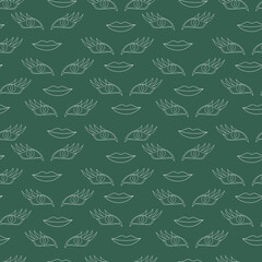 Seamless pattern with eyes and lips in the style of line art