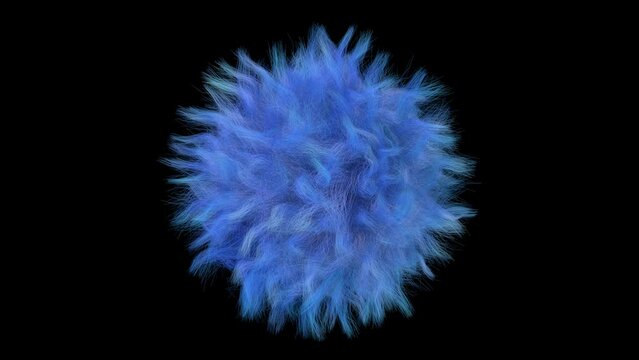 Blue fluffy sphere. Black background. Abstract animation, 3d render.