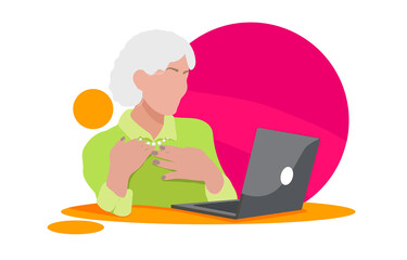Fototapeta na wymiar A business granny with a laptop. A happy elderly woman works, communicates, watches videos, vector illustration. Vector illustration