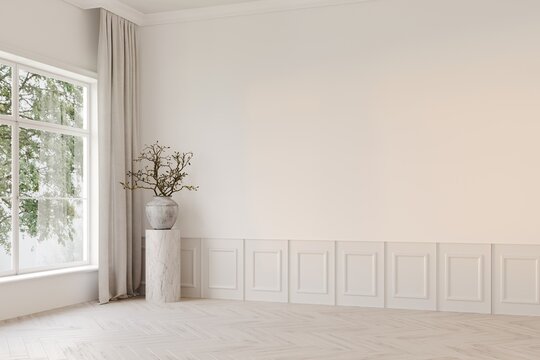 3d minimalistic white classic interior, space with a large window, panel on the wallvase with flowers, parquet on the floor. 3D rendering illustration mockup.