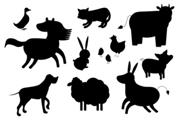 Set of silhouettes of domestic farm animals. Vector illustration livestock isolated on white, side view profile. Collection silhouette of domestic cattle. EPS