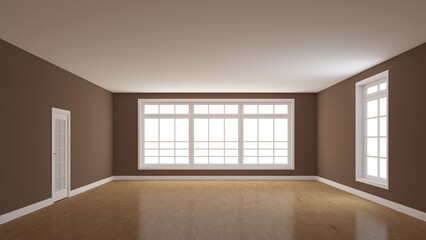 Empty Room with Dark Brown Walls, Glossy Parquet Floor, White Plinth, Large Full Wall Window, a White Door and a Window Opposite. 3D rendering with a Work Path on Windows. 8K Ultra HD 7680x4320
