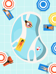 swimming pool top view beach summer time scene with people , men women children swimming, floating on inflatable mattress and rings vector illustration EPS