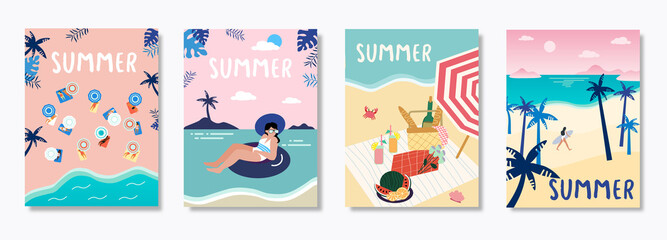Set of vector summer travel banners with beach umbrellas, waves and surfing board EPS