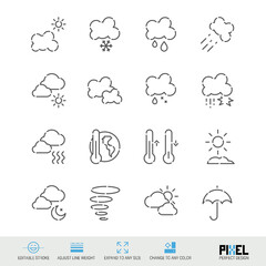 Weather forecast related vector line icon set isolated on white. Pixel perfect design. Editable stroke. Adjust line weight. Expand to any size. Change to any color.