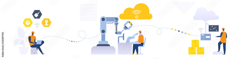 Poster assembly line with robotic arms and workers male and female factory workers engineers automated prod