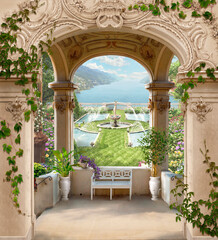 A terrace overlooking the park and a beautiful bay. Photo wallpapers. Digital mural.