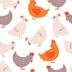 Vector seamless pattern with hand drawn chickens. Beautiful cartoon drawing, abstract design elements. Perfect elements for food or farming design