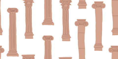 Ancient roman columns, marble baroque architecture. Vector realistic old broken antique greek pillars with capitals in doric, corinthian, ionic and tuscan style isolated. columns seamless pattern