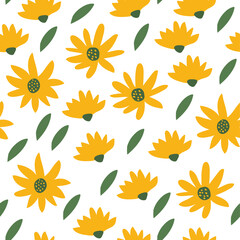 Fototapeta na wymiar Trendy yellow wind blowing Floral pattern in the many kind of flowers. Wild botanical Motifs scattered Seamless vector texture. For fashion prints. Printing with in hand drawn style on white.