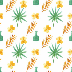 Seamless pattern in boho style with tropic leaves, vase. Endless boho background. Repeatable print.
