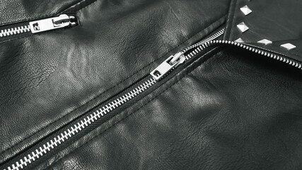 Chrome metal zipper on a leather jacket