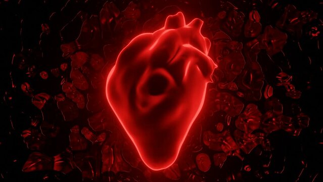 Digital model of the human realistic beating heart, diagnostic of the human circulatory system. Design. Neon silhouette of a heart.