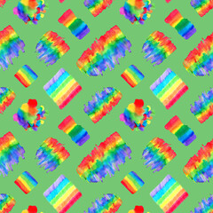 Rainbow seamless pattern watercolor. Colored spots, splashes, blots, shapes. Lgbtq symbols. Hand marker on a green background. Decor for packaging and fabric design.