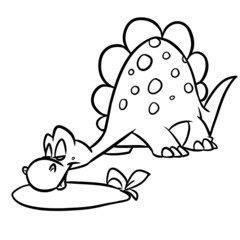 Dinosaur cute little stegosaurus drinking water coloring page cartoon illustration