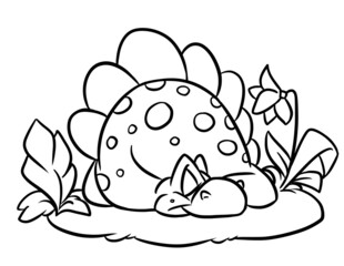 Cute little dinosaur stegosaurus sleeping meadow grass coloring page cartoon illustration © efengai