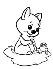 Little dog cheerful puppy bird coloring page cartoon illustration