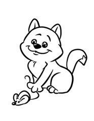 Little cat caught a mouse coloring page cartoon illustration