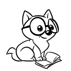 Kitten smart glasses small reads a book coloring page cartoon illustration