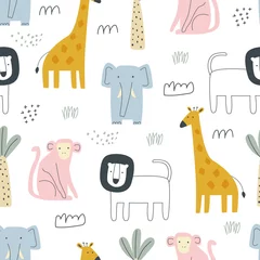  Seamless pattern with cute safari animals giraffe, lion, monkey, elephant made in handmade lines. Vector illustration waiting for printing. Cute baby background. © Дмитрий Бондаренко
