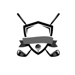 Golf club vector logo, emblem, sign, symbol. Design for golf trophy as golden medal with putters and ball