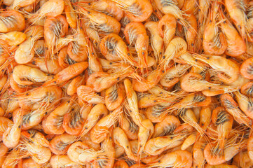 Cooked shrimps food background, top view