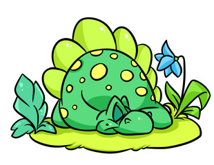 Cute little dinosaur stegosaurus sleeping meadow grass cartoon illustration